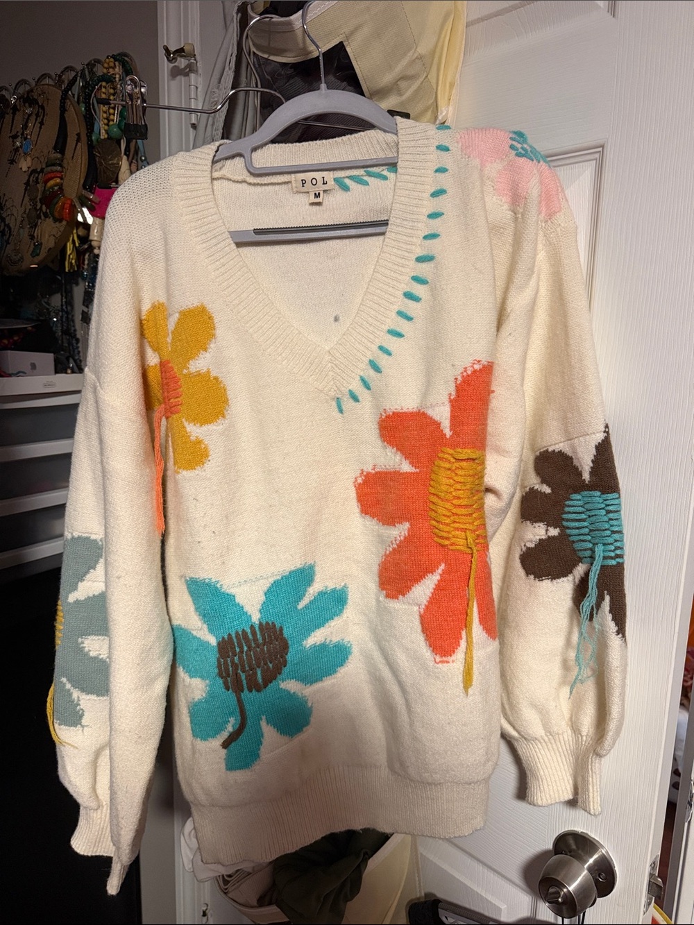POL Cream V-Neck Sweater with Multicolor Floral Appliqué